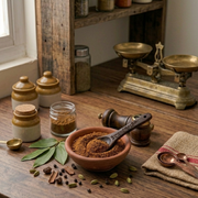An elegant arrangement of whole organic spices including cardamom, cinnamon, cloves, and star anise used to blend garam masala.